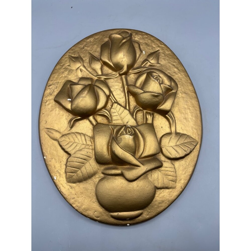 Vtg Gold Oval Floral Wall Plaque Plaster 3D Raised Roses‎ Hollywood Regency